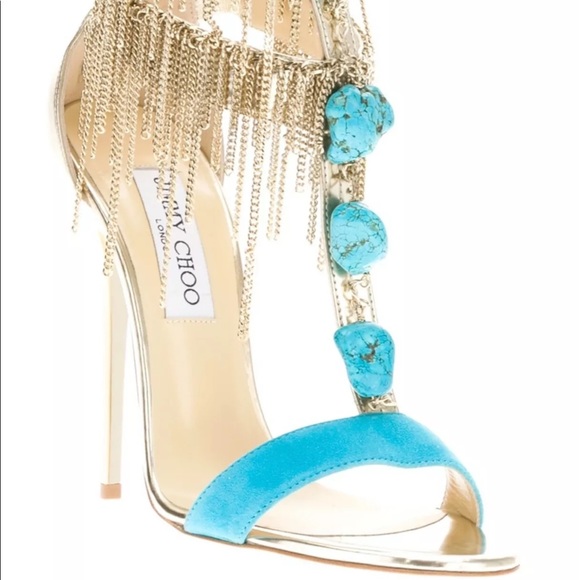 Jimmy Choo Shoes - Jimmy Choo Belle Chain-Fringe Strap turquoise gold